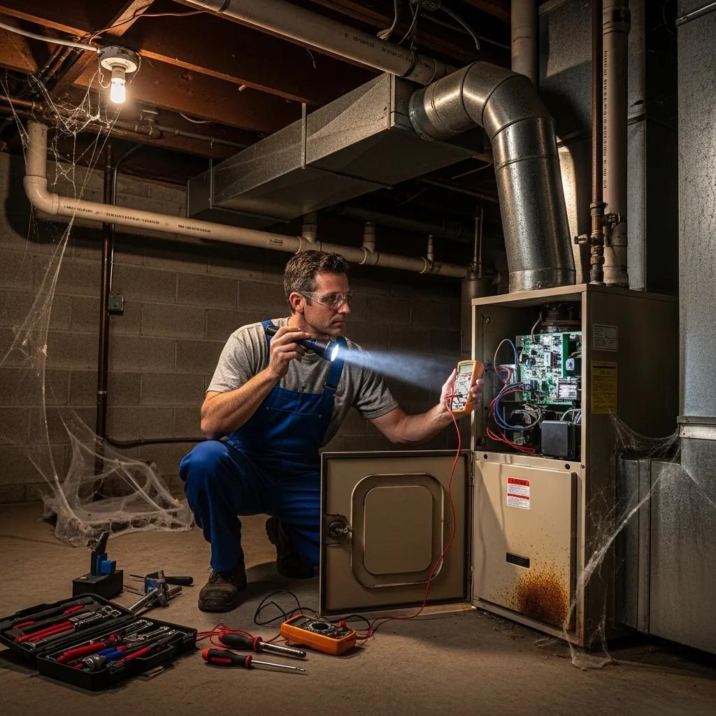 Technician inspecting a furnace for noise issues &mdash; diagnose before repairing