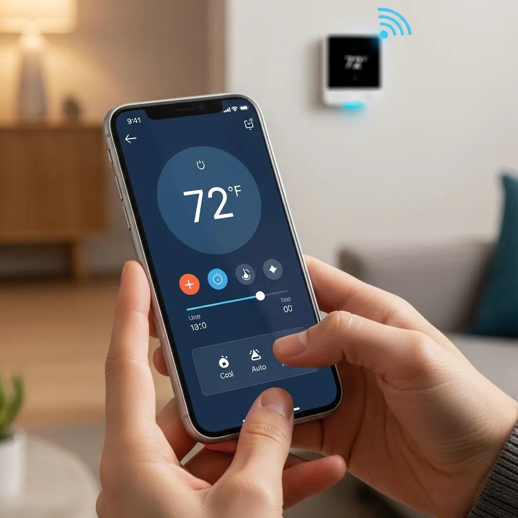 Person using a smartphone app to control a smart thermostat