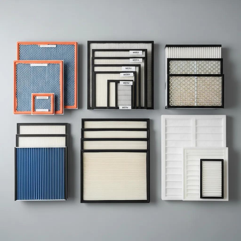 Different types of HVAC air filters including fiberglass, pleated, and HEPA