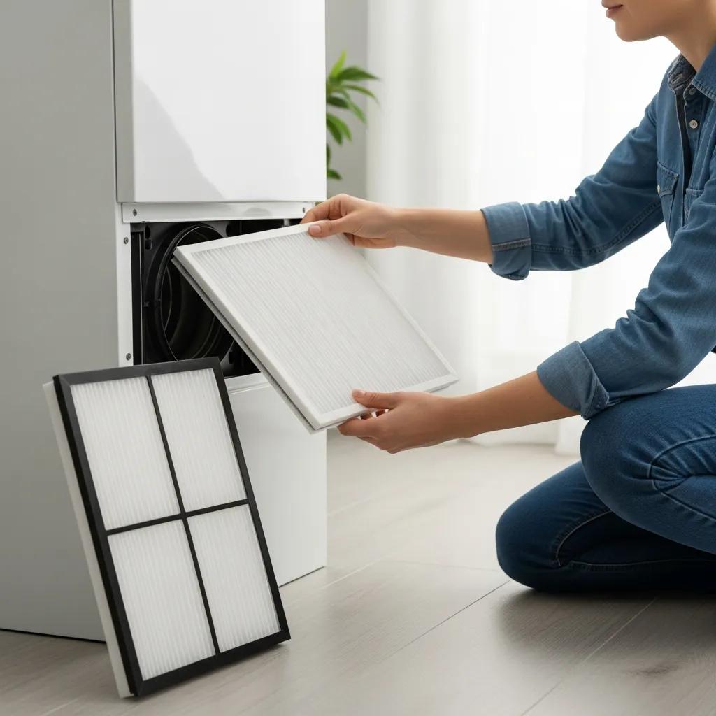 Person replacing HVAC air filter in a bright home environment