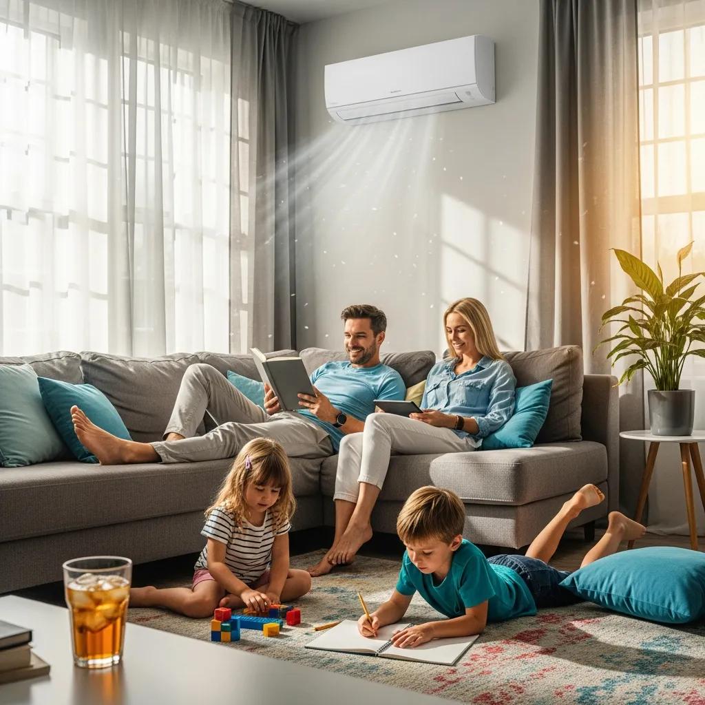 Family enjoying a cool living room with an air conditioning unit during summer