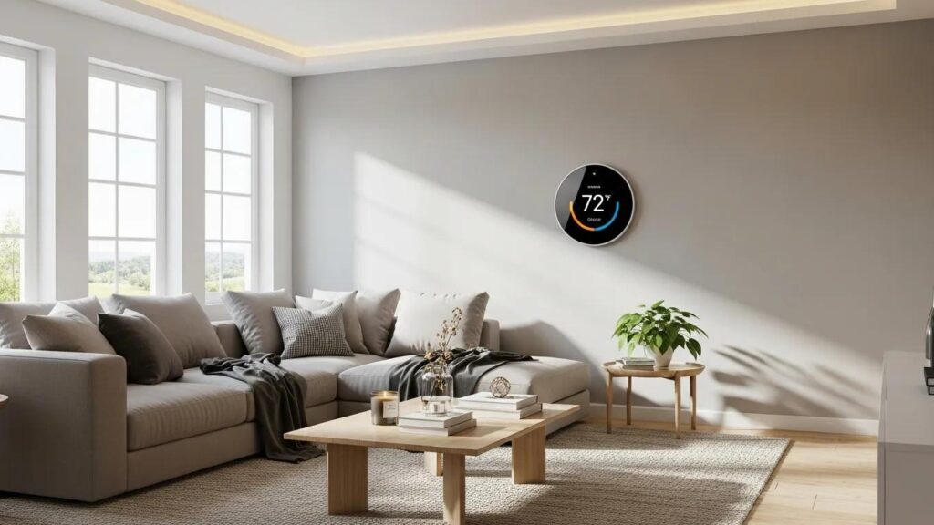 Smart thermostat in a modern living room, highlighting HVAC integration with smart home technology