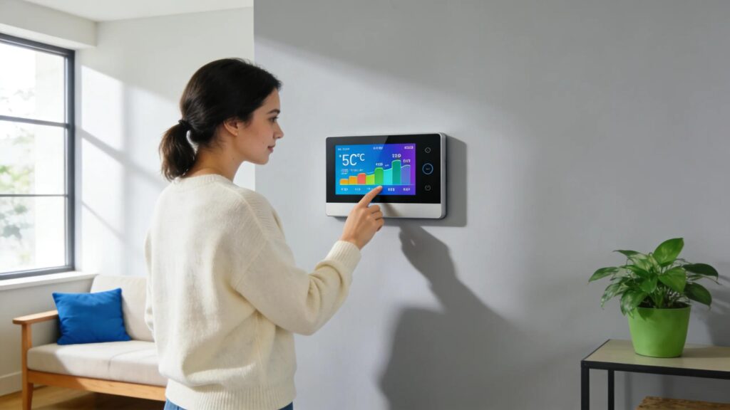 HVAC Blog 5 Contemporary smart thermostat in a cozy living room setting showcasing energy efficiency technology