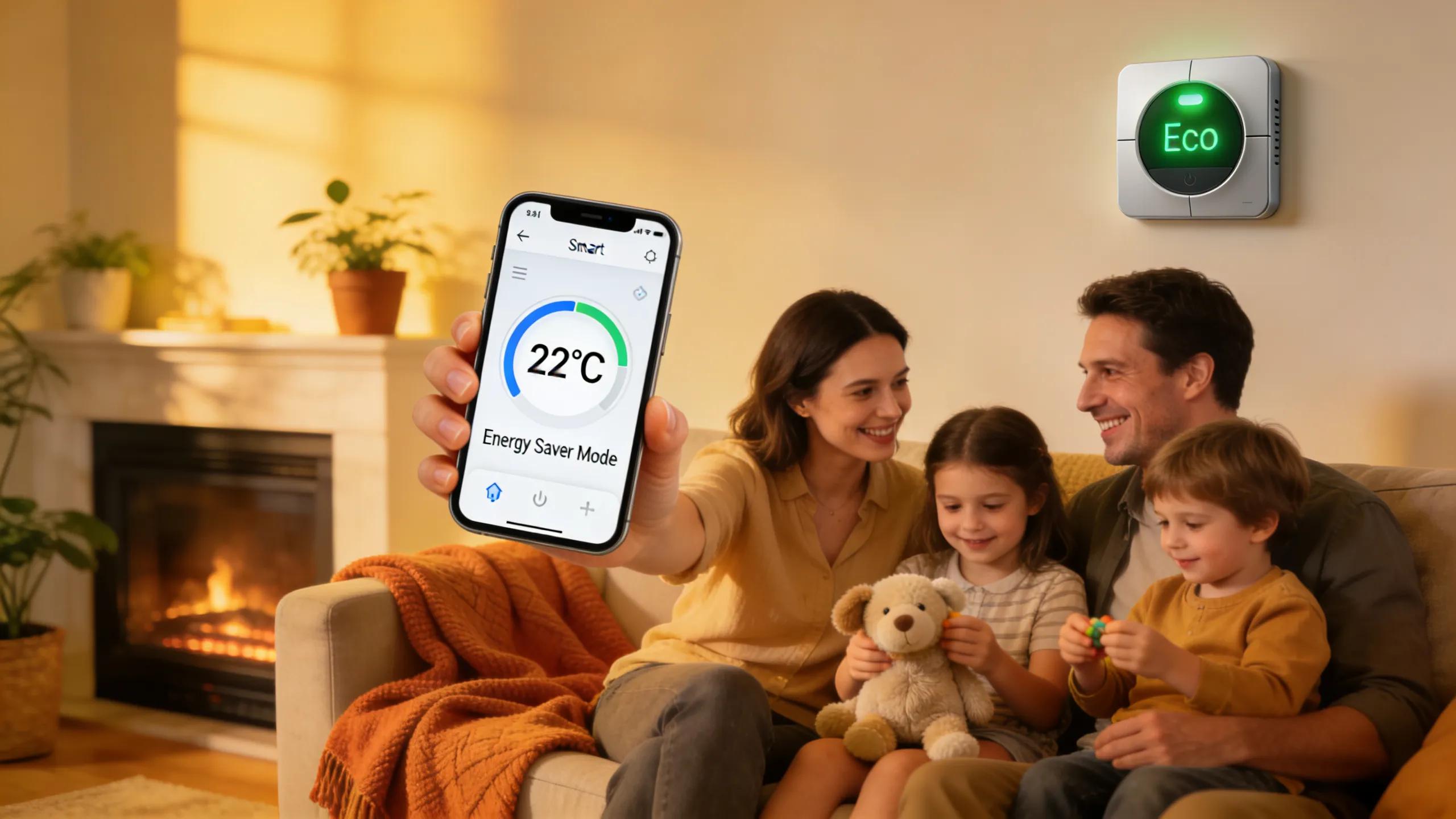 Family in a cozy home happily managing energy savings with a smart thermostat app