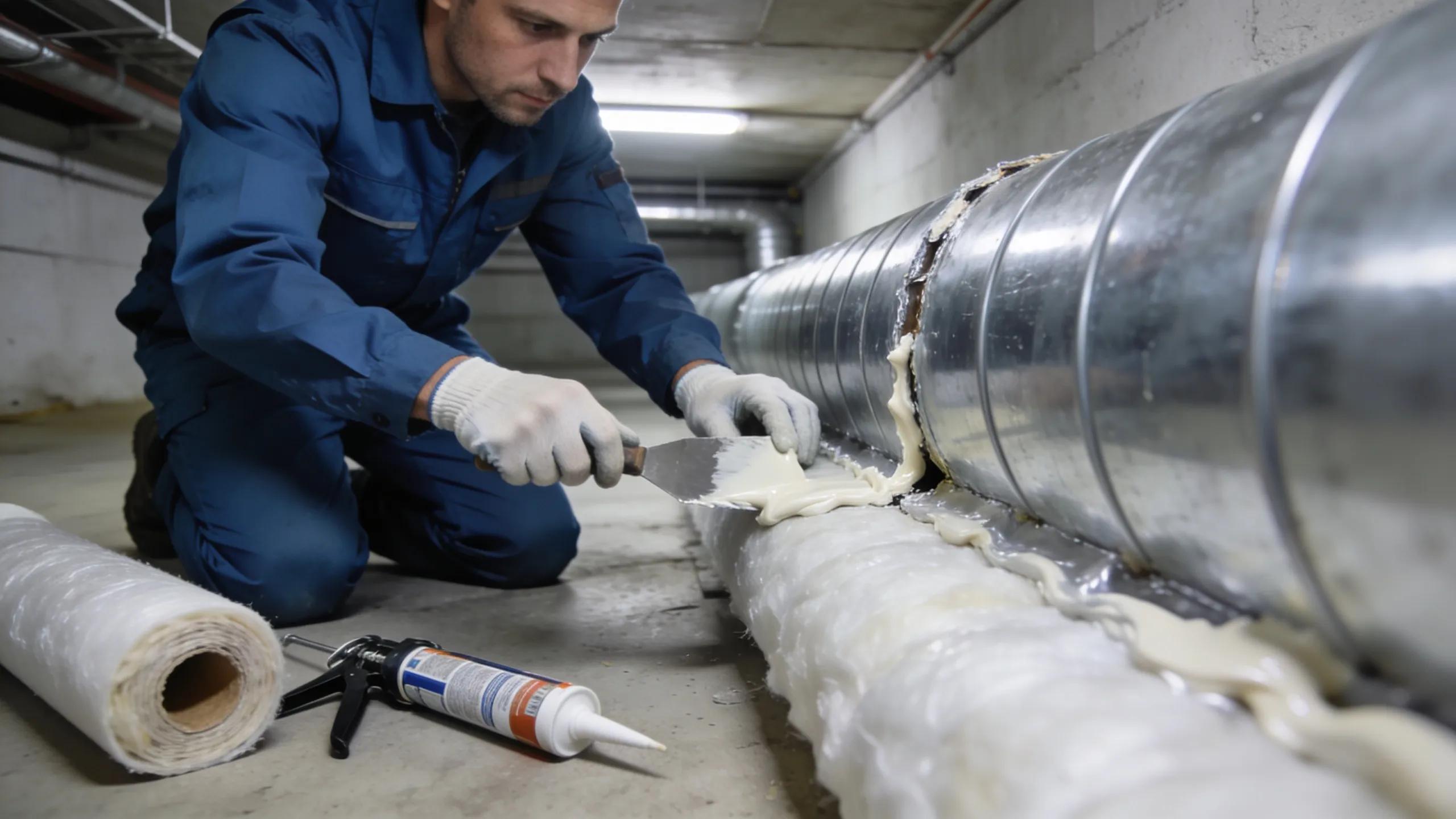 Weak HVAC Airflow: Understanding Air Distribution Issues 3 Technician sealing leaking ductwork to improve airflow efficiency in HVAC system